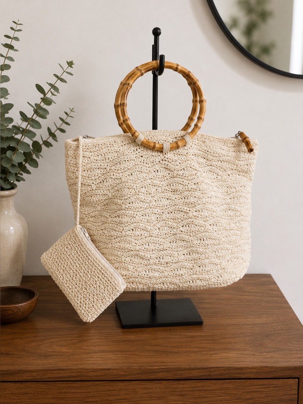 Vintage 90s Carlo D'Santi Cream Crochet Bamboo Handle Tote Bag Coastal Boho